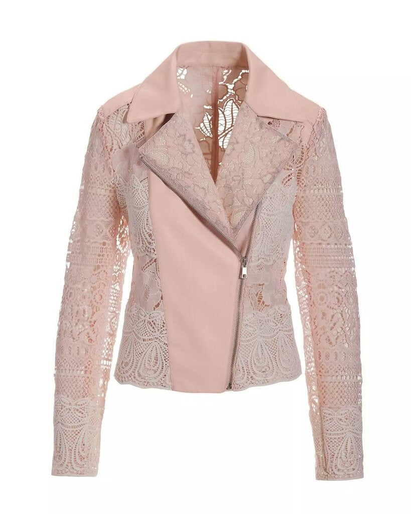 Bagatelle Collection Lace Faux-Leather Moto Jacket in Light Pink - Size Medium