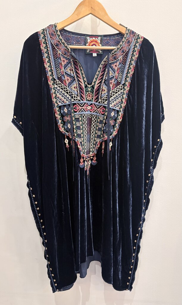 Johnny Was Velvet Blue Embroidered Kaftan Dress - Size XS