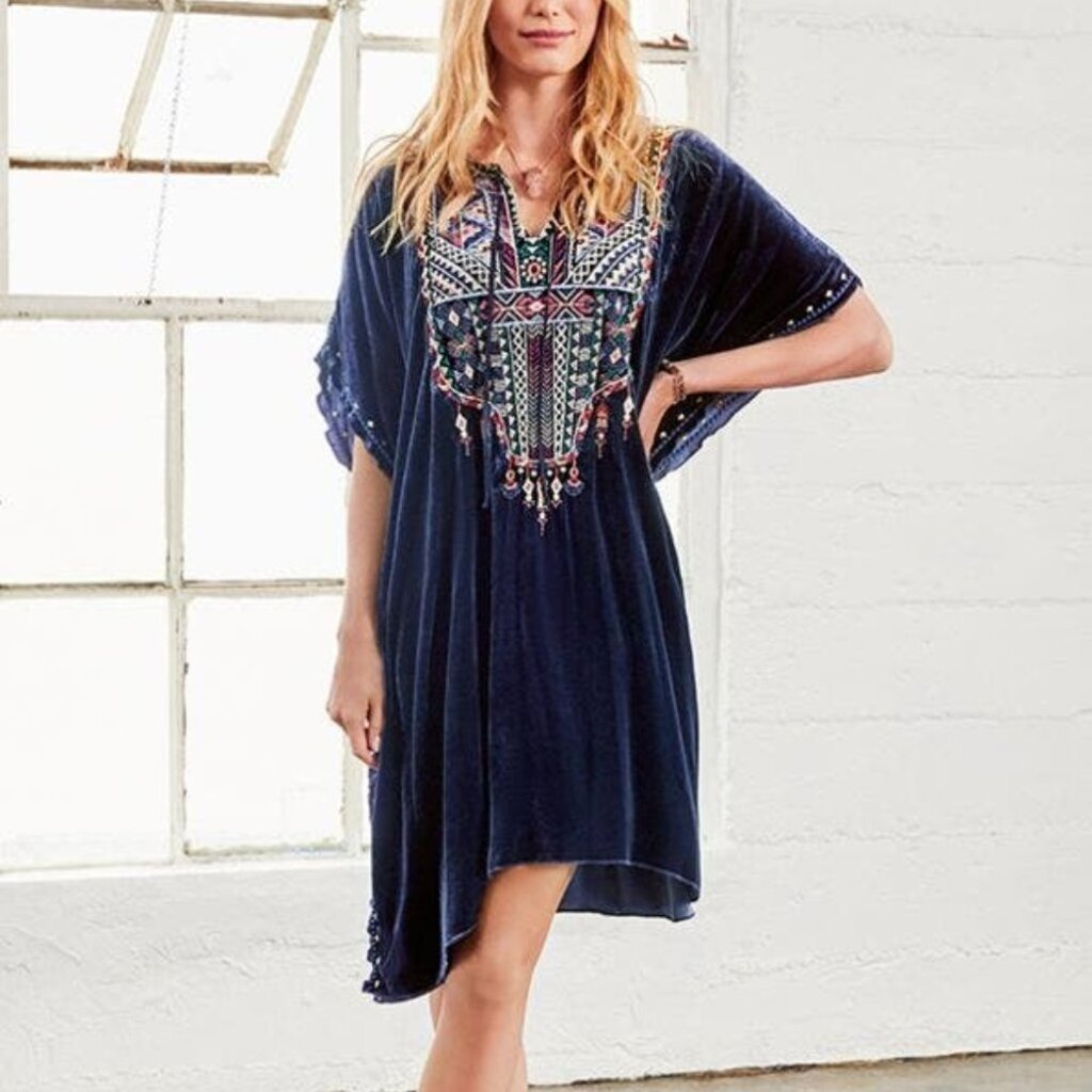 Johnny Was Velvet Blue Embroidered Kaftan Dress - Size XS