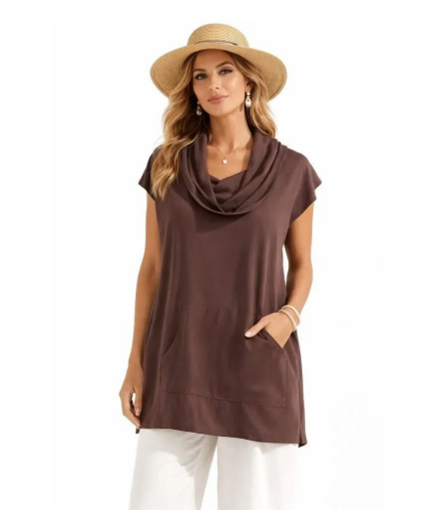 Bryn Walker Lagenlook Cowl Neck Cap Sleeve Tunic - Size Large