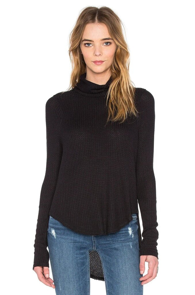 FP Drippy Thermal Turtleneck Hi-Low Curved Hem Sweater in Black - Size Medium