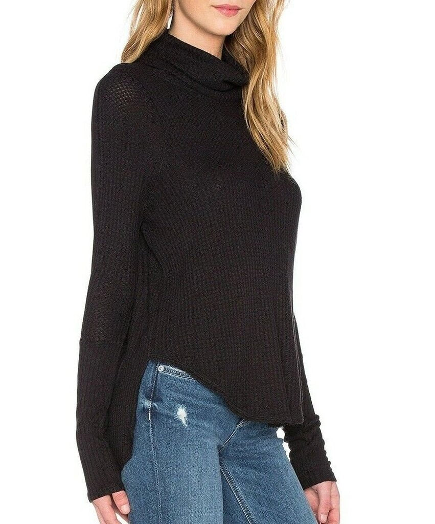 FP Drippy Thermal Turtleneck Hi-Low Curved Hem Sweater in Black - Size Medium