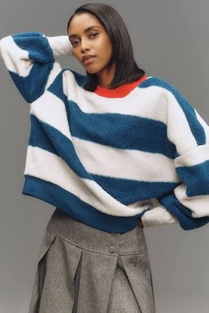 Maeve Cotton Sherpa Fleece Stripe Sweater - Size Large