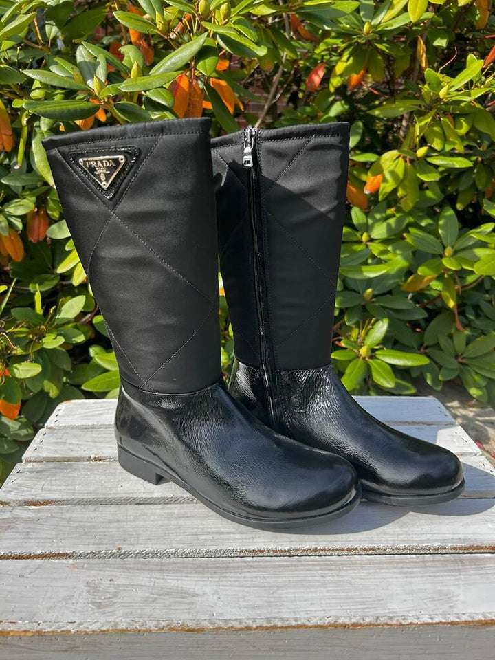 Prada Kids Quilted Black Patent Leather Knee High Boots - Size 34