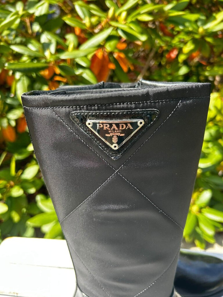Prada Kids Quilted Black Patent Leather Knee High Boots - Size 34