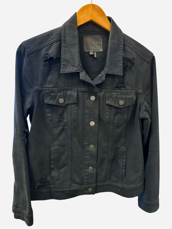 Paige Distressed Black Denim Jacket - Size Large
