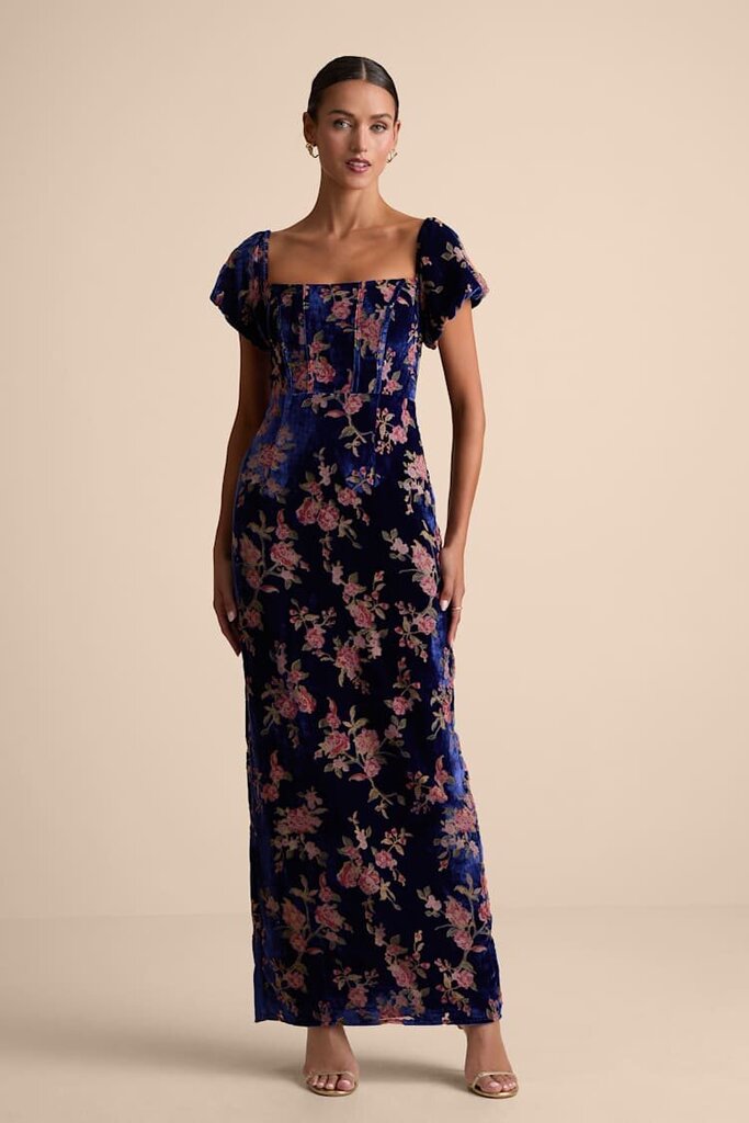 Lulus NWT Confidently Impressive Blue Velvet Off The Shoulder Maxi Dress - Size Medium (Retails for $99)