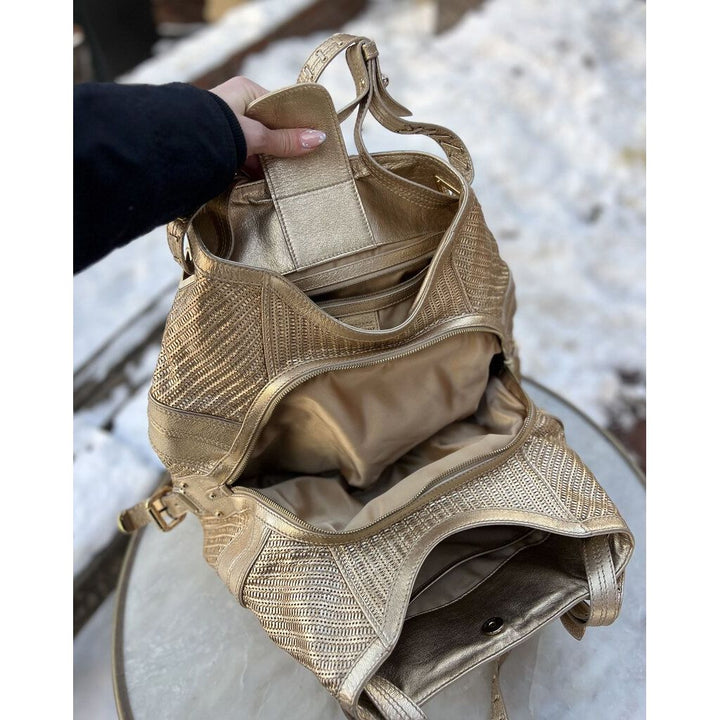 Versace Metallic Gold Woven Leather Mirror Embellished V Satchel