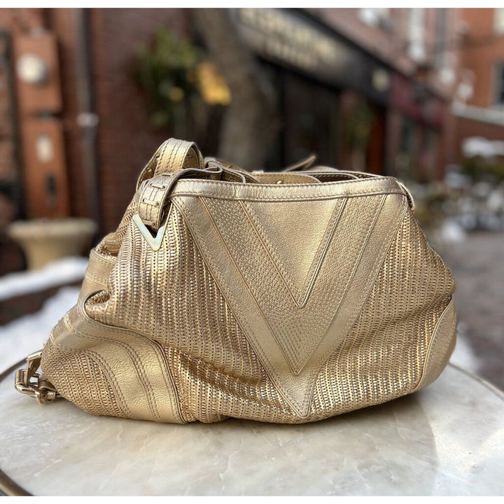 Versace Metallic Gold Woven Leather Mirror Embellished V Satchel