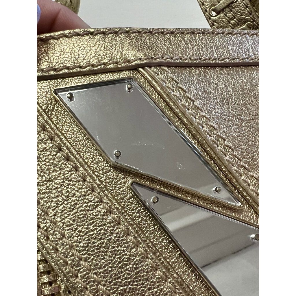 Versace Metallic Gold Woven Leather Mirror Embellished V Satchel