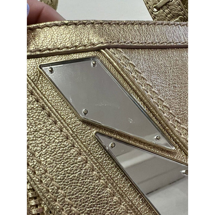 Versace Metallic Gold Woven Leather Mirror Embellished V Satchel