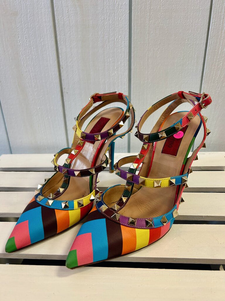 Valentino Garavani Rainbow Chevron Stud Heels - Size 38