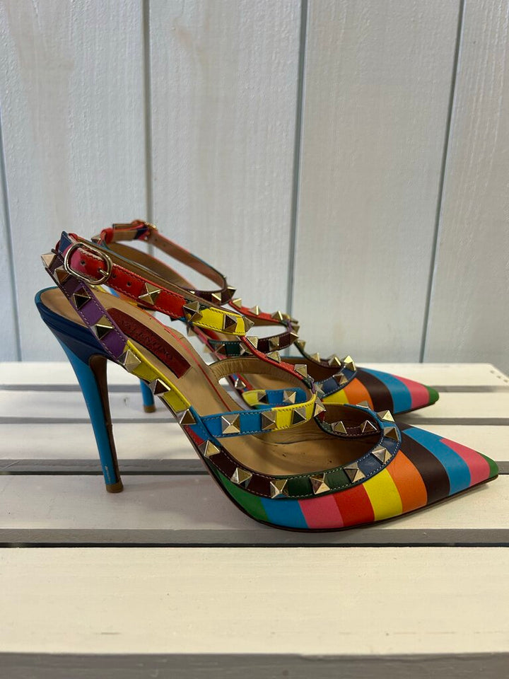 Valentino Garavani Rainbow Chevron Stud Heels - Size 38
