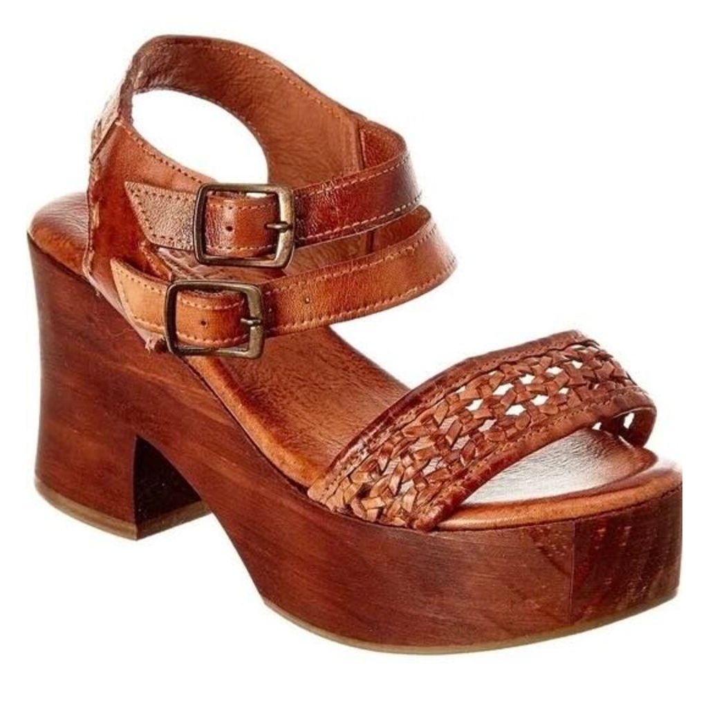Bed Stu Kenya Cognac Leather Heeled Wood Platform Sandals - Size 10