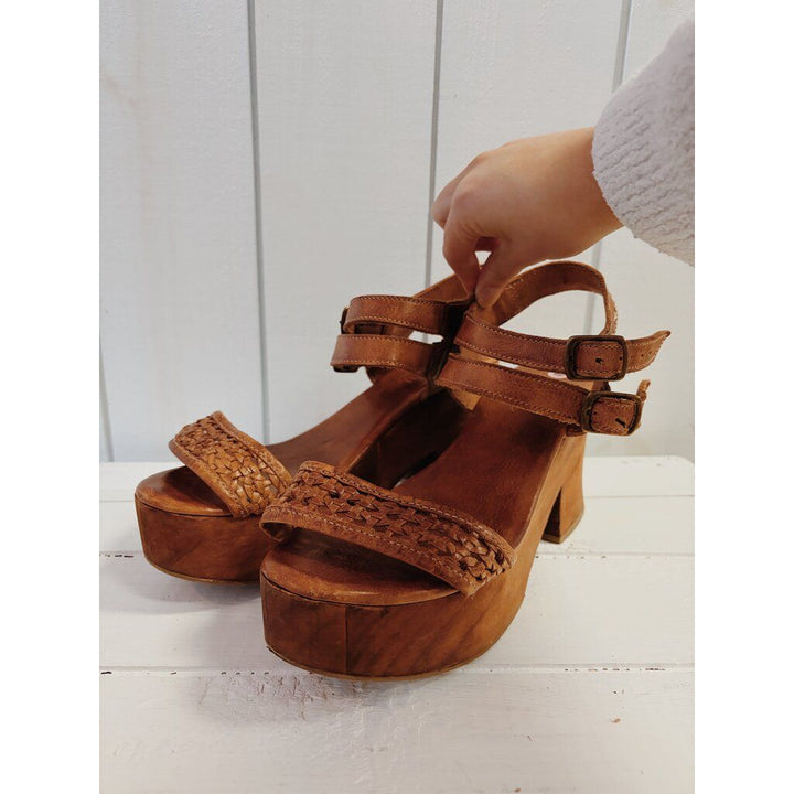 Bed Stu Kenya Cognac Leather Heeled Wood Platform Sandals - Size 10