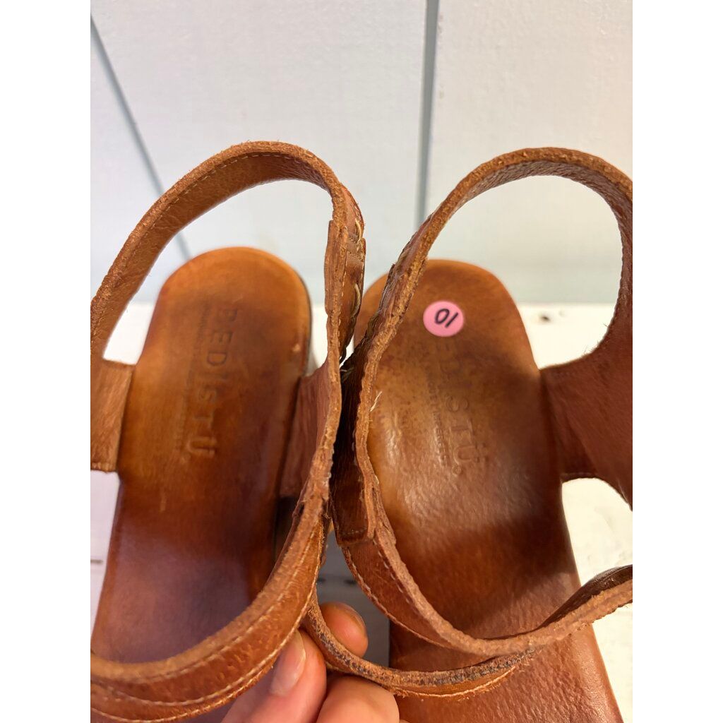 Bed Stu Kenya Cognac Leather Heeled Wood Platform Sandals - Size 10