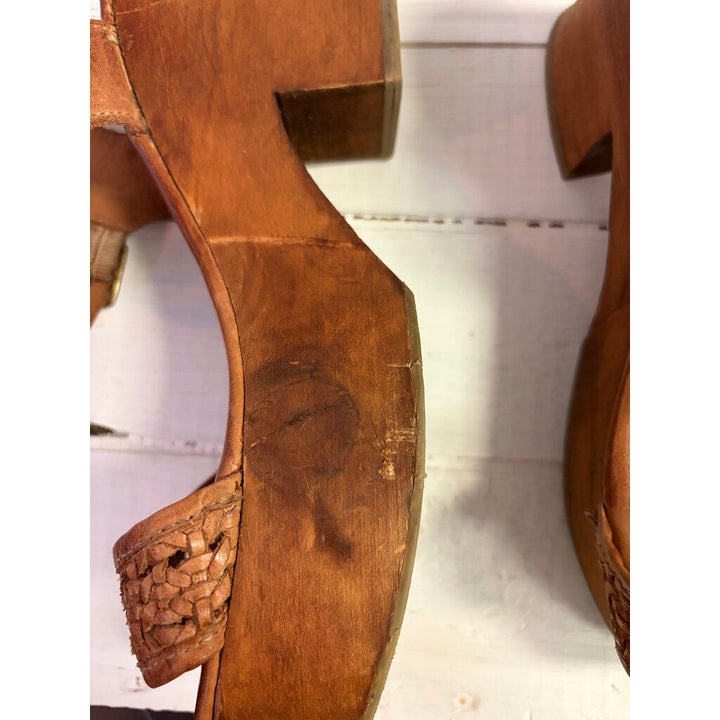 Bed Stu Kenya Cognac Leather Heeled Wood Platform Sandals - Size 10