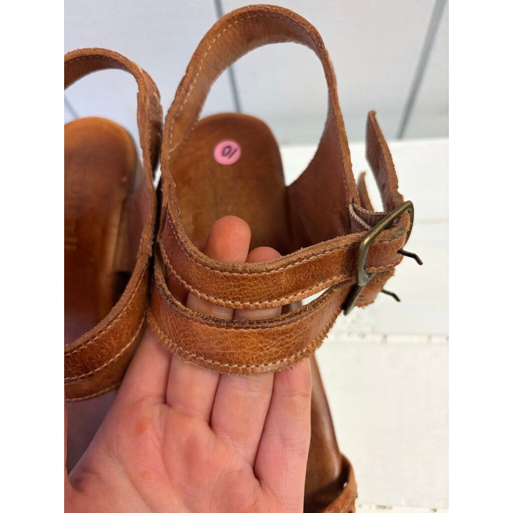 Bed Stu Kenya Cognac Leather Heeled Wood Platform Sandals - Size 10