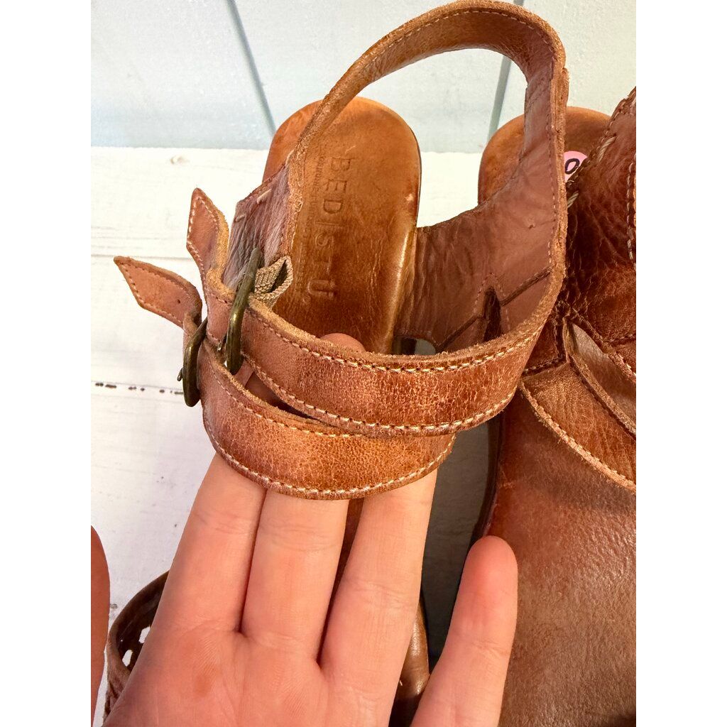 Bed Stu Kenya Cognac Leather Heeled Wood Platform Sandals - Size 10