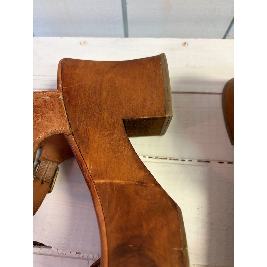 Bed Stu Kenya Cognac Leather Heeled Wood Platform Sandals - Size 10
