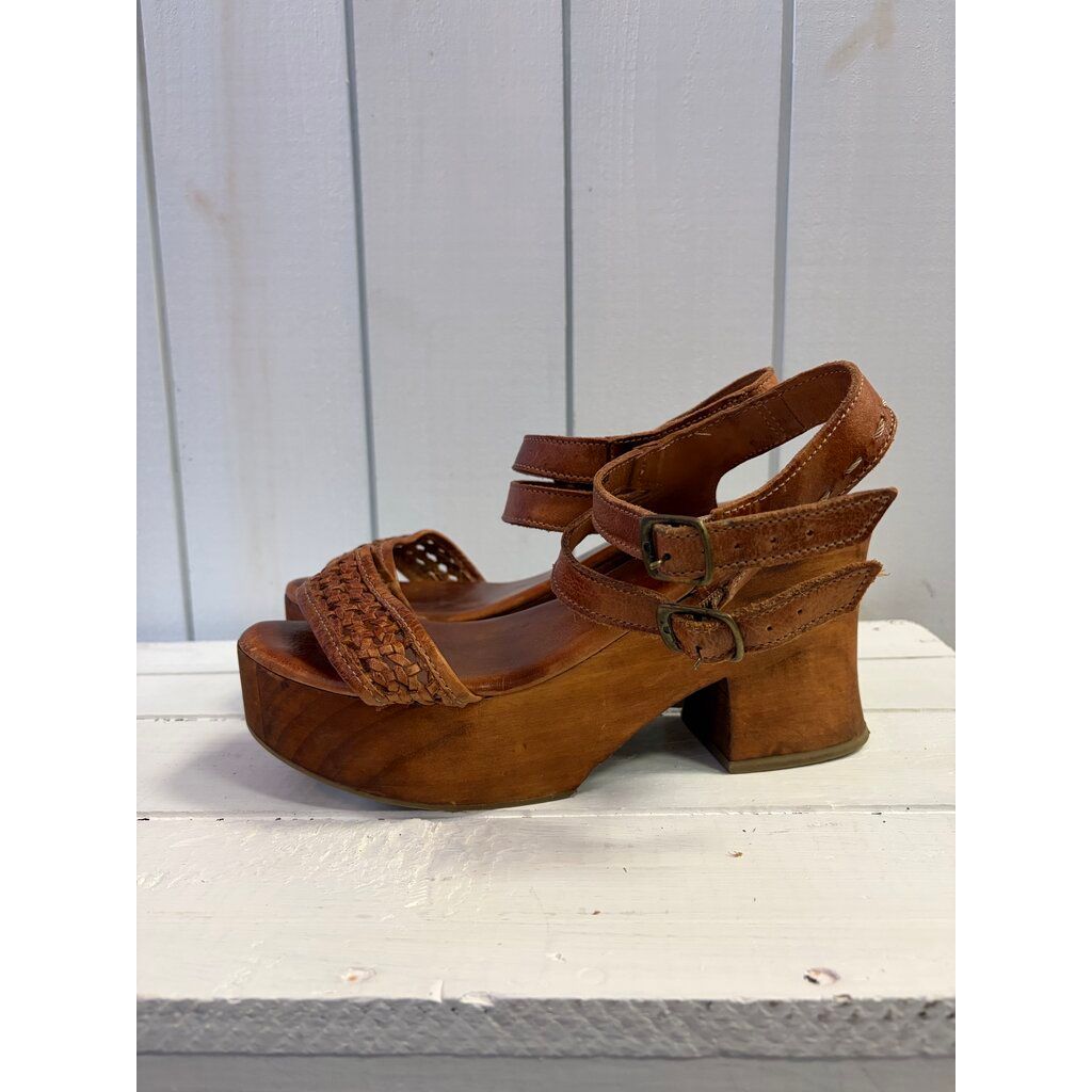 Bed Stu Kenya Cognac Leather Heeled Wood Platform Sandals - Size 10
