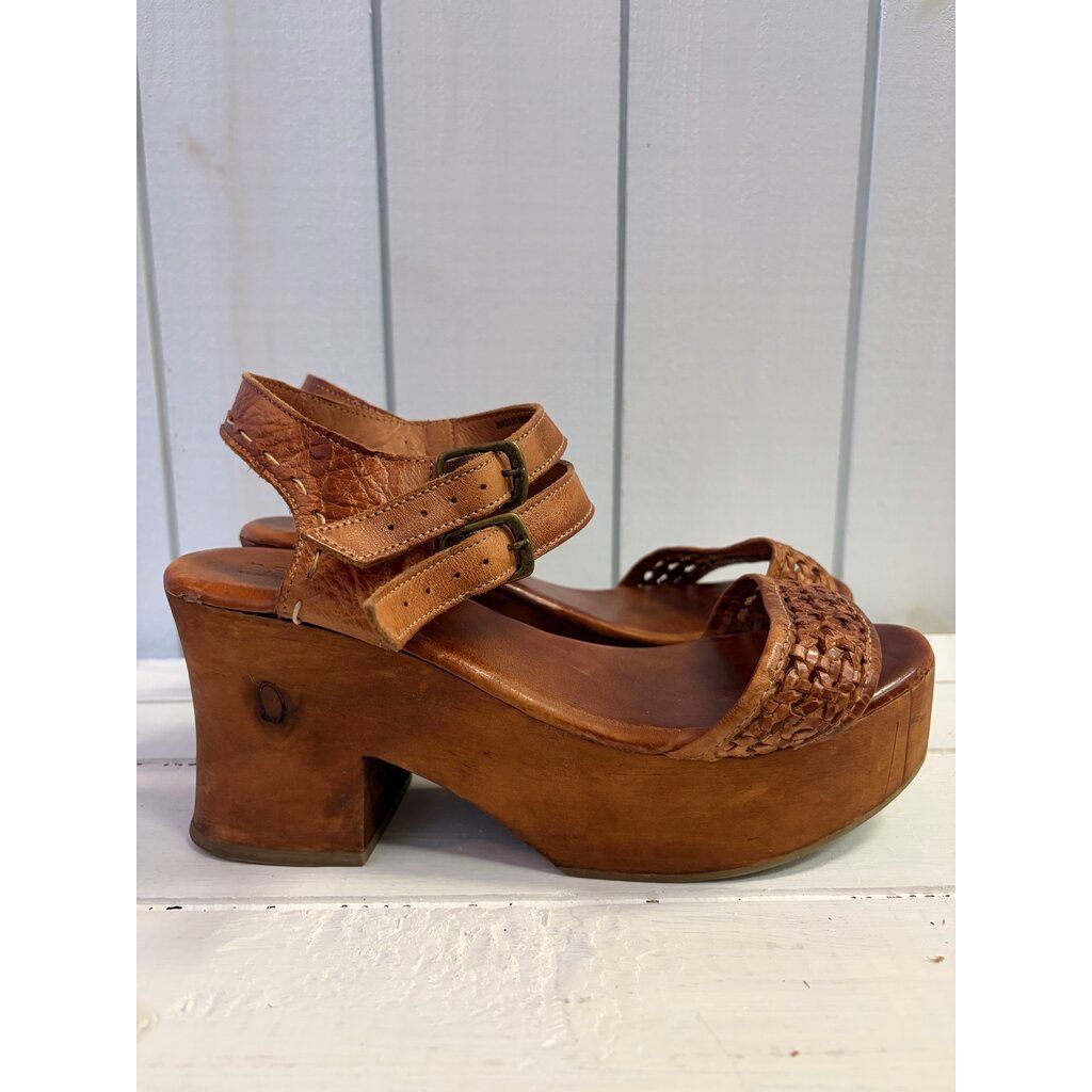 Bed Stu Kenya Cognac Leather Heeled Wood Platform Sandals - Size 10