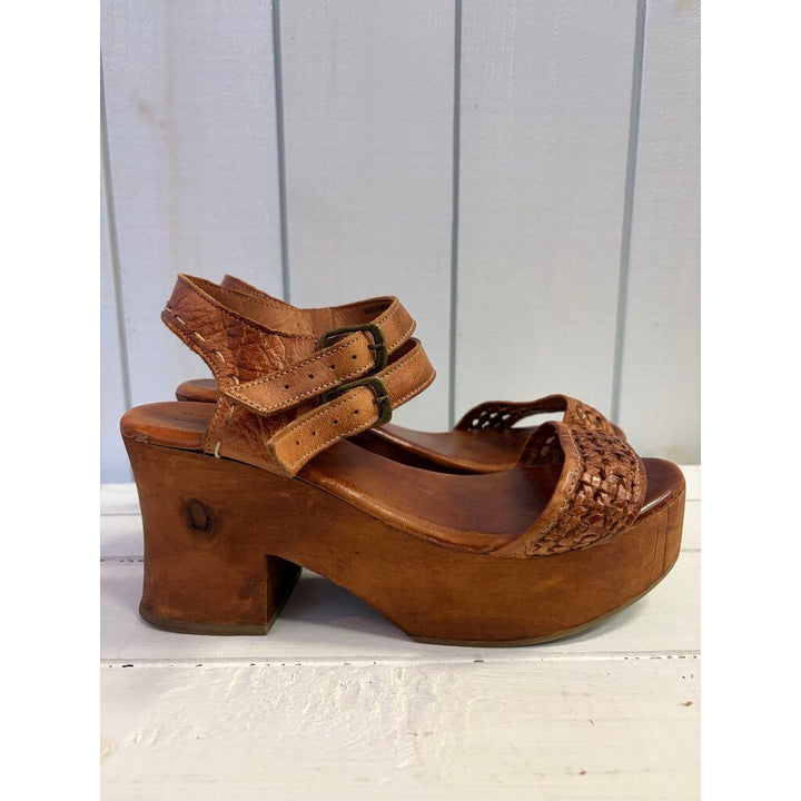 Bed Stu Kenya Cognac Leather Heeled Wood Platform Sandals - Size 10