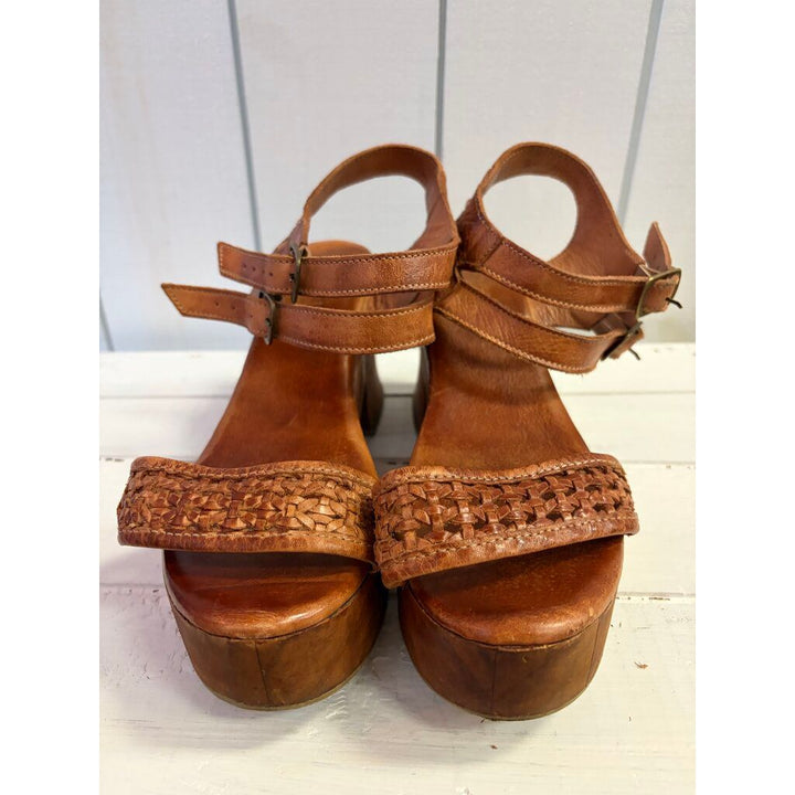 Bed Stu Kenya Cognac Leather Heeled Wood Platform Sandals - Size 10