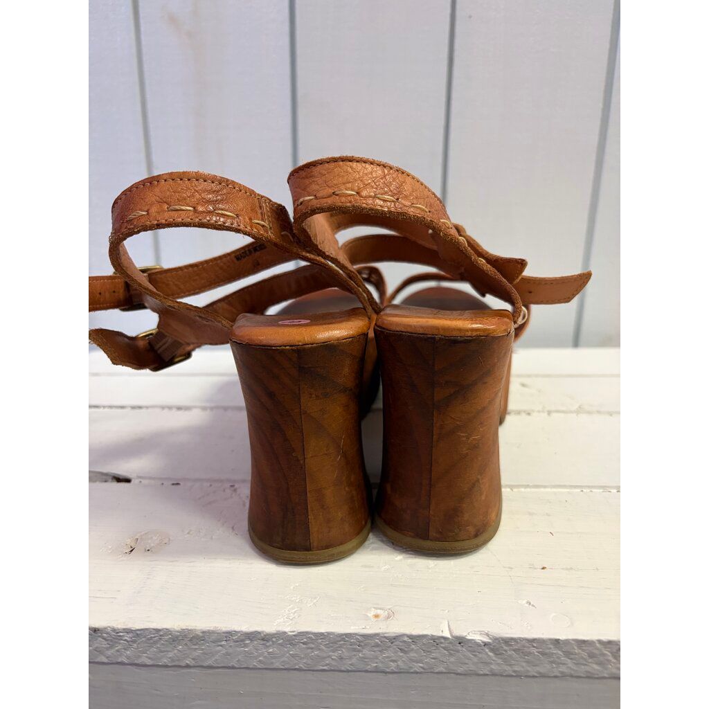 Bed Stu Kenya Cognac Leather Heeled Wood Platform Sandals - Size 10