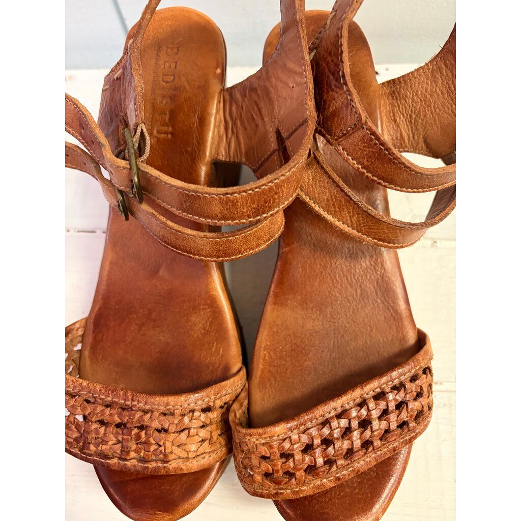 Bed Stu Kenya Cognac Leather Heeled Wood Platform Sandals - Size 10