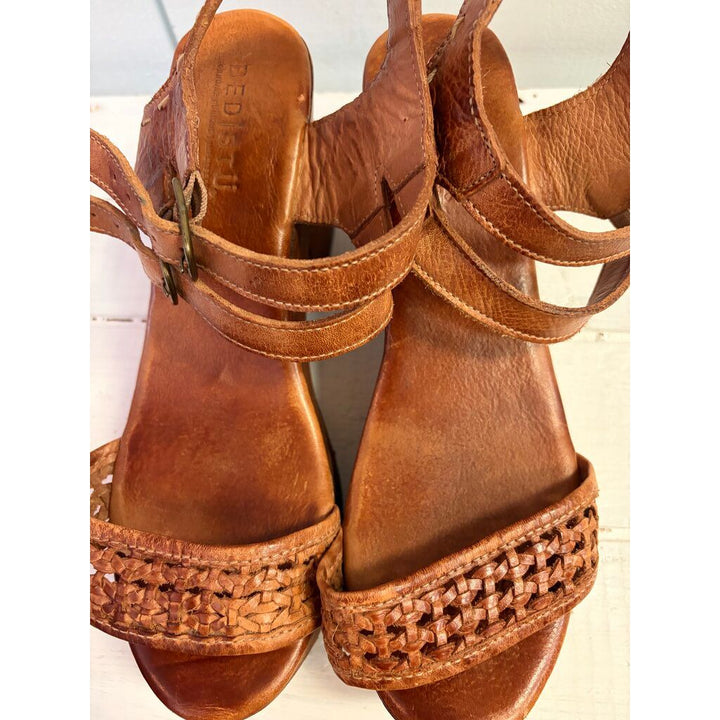 Bed Stu Kenya Cognac Leather Heeled Wood Platform Sandals - Size 10