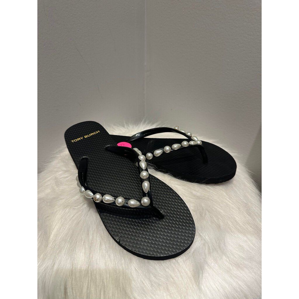 Tory Burch Faux Pearl Embellished Flip-Flops - Size 6.5