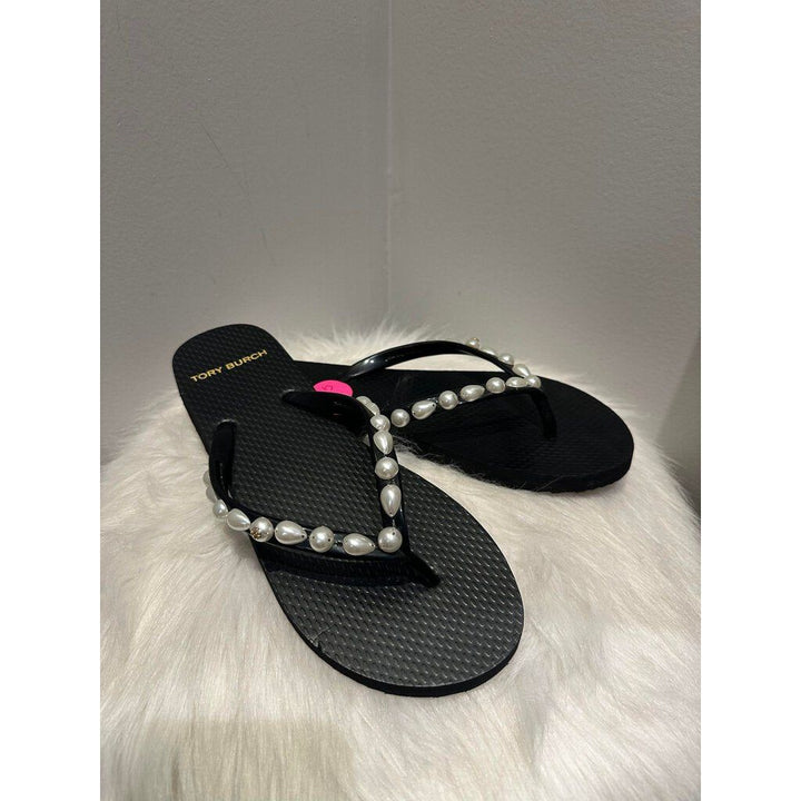 Tory Burch Faux Pearl Embellished Flip-Flops - Size 6.5